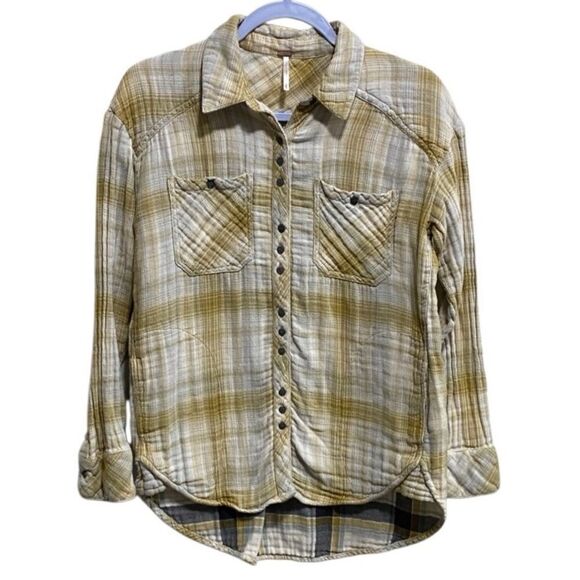 Free People XS Plaid Flannel Shirt Yellow Beige Double Layered Button Down - Picture 1 of 13